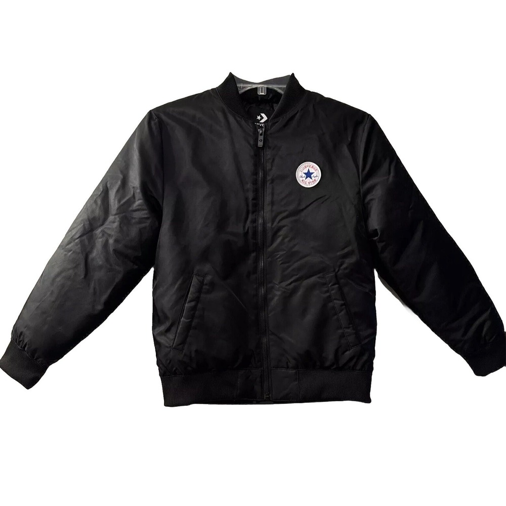Vtg Converse Bomber Jacket Satin Logo On Back Black Zipper Youth Sz M  10-12 Yrs